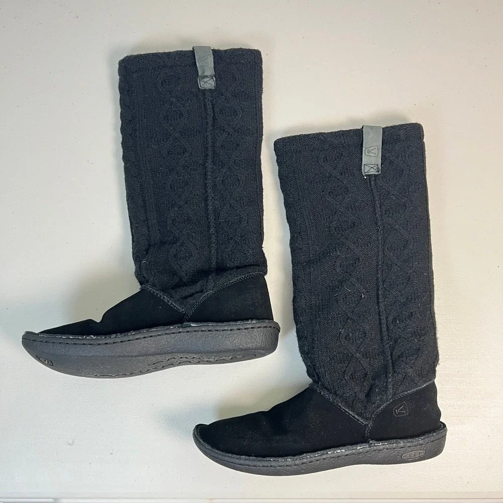 Keen Black Suede Cable Knit Tall Winter Boots Size 6 US 36 EU